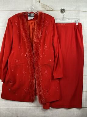 Ben Marc Black 2pc Skirt Suit Sz 12 Red Rhinestones Faux Fur Jacket Maxi Vtg